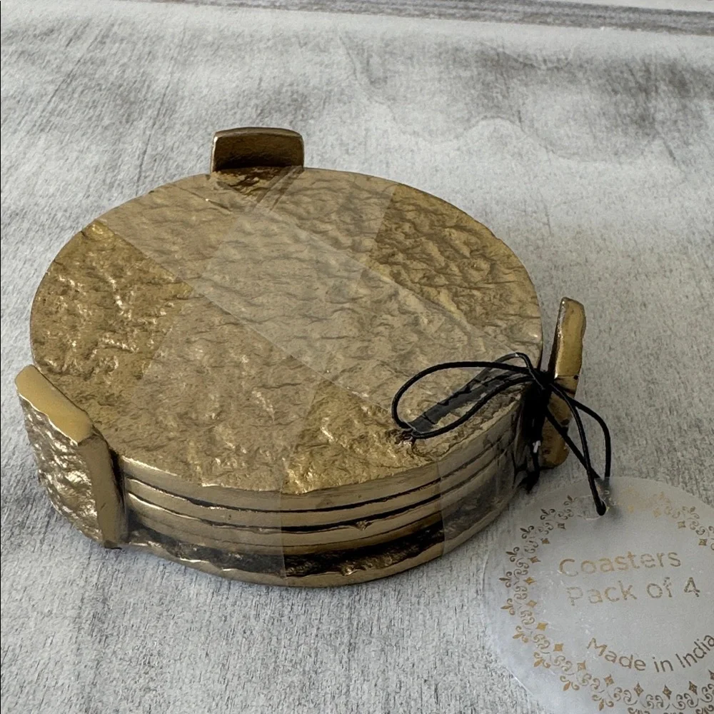 Gold Textured Hammered Metal Round Coaster Set of 4 on Standard India D 3.75